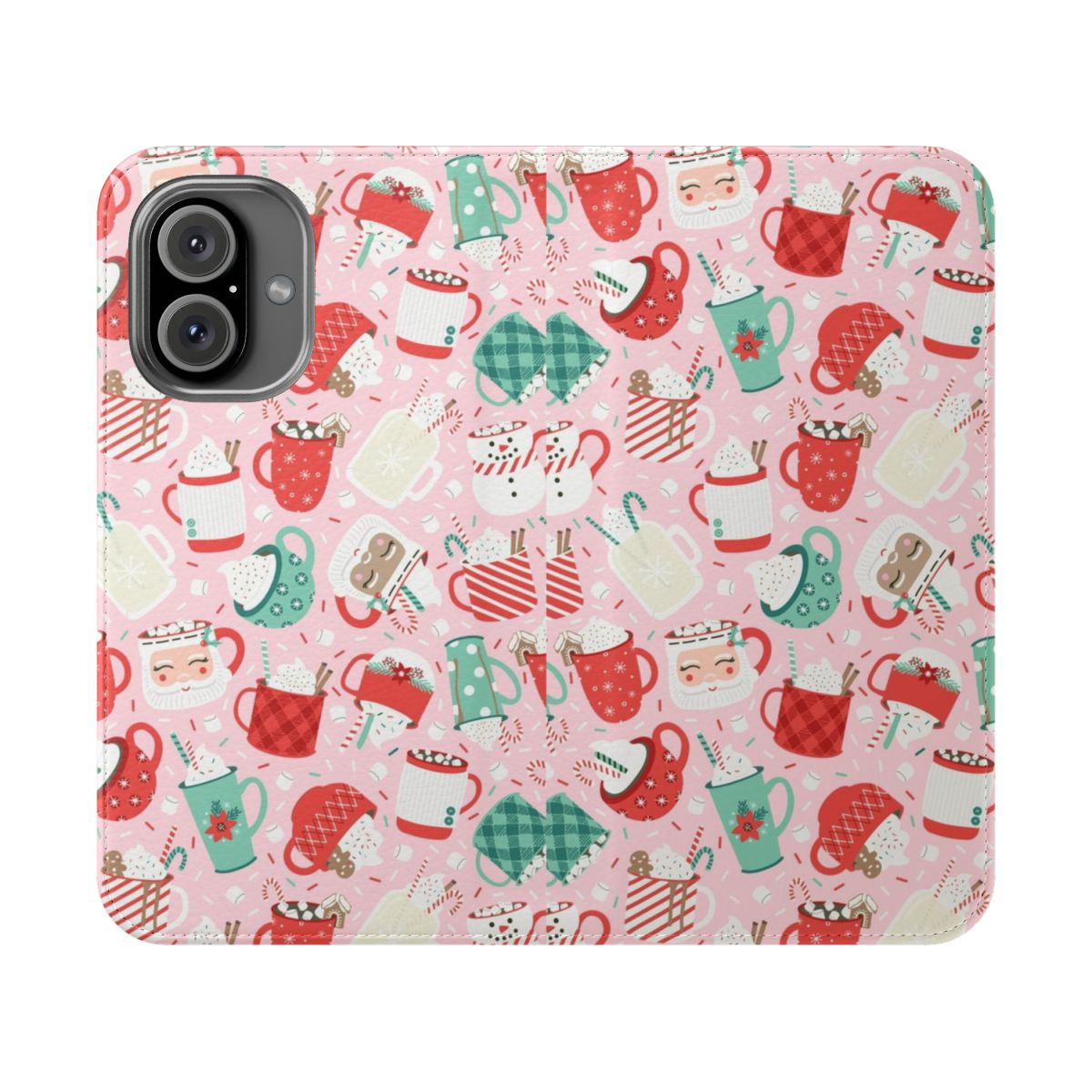 Festive flip cover phone case featuring a pink, cocoa-inspired design with Christmas elements like snowman, sprinkles, and marshmallows.