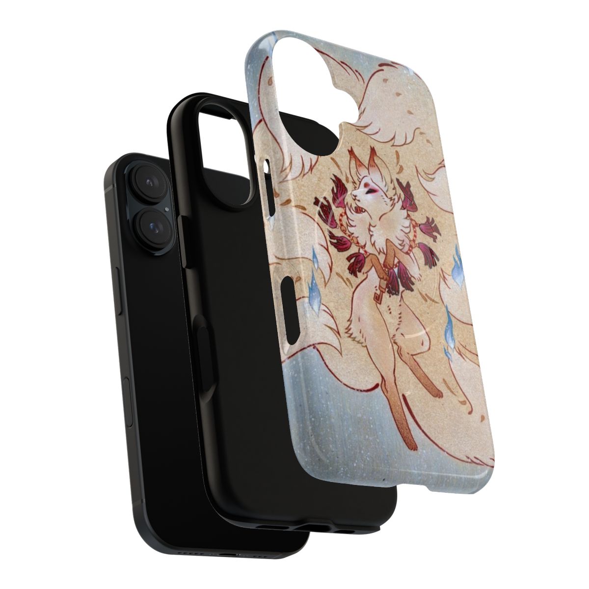 Artistic illustration of a tea fox, kitsune, or yokai with celestial and ethereal elements on a magnetic phone case. - Layers