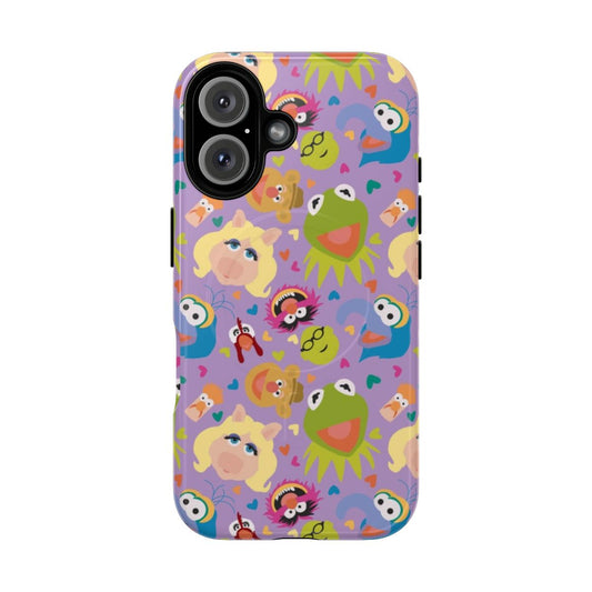 A colorful, retro-style phone case featuring a repeating pattern of popular Muppet characters like Kermit, Miss Piggy, Animal, and Gonzo.