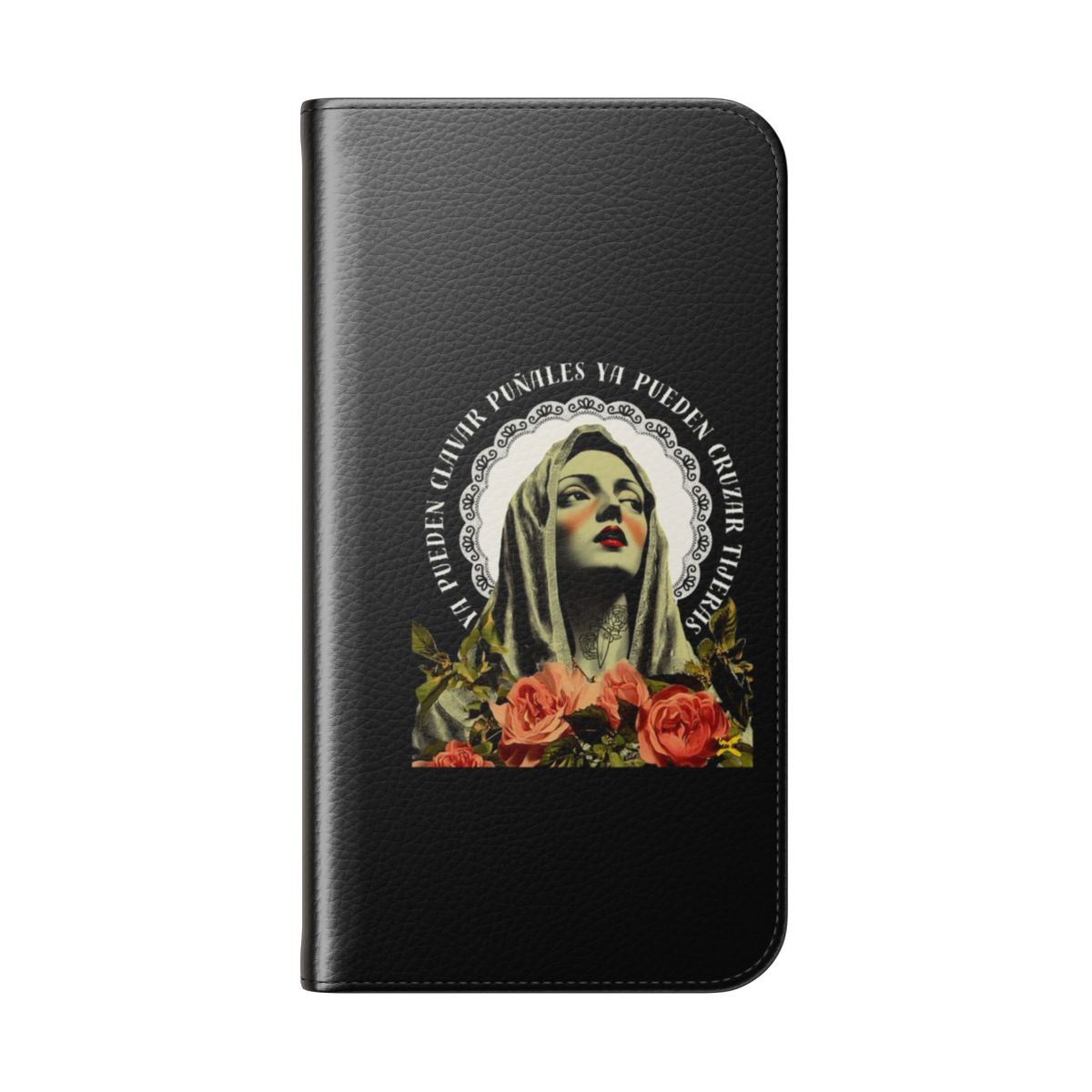 Flip cover phone case featuring a classic illustration with religious iconography, depicting feminine strength and spiritual resilience. - Folded Back