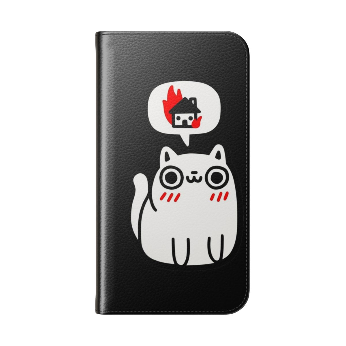 A flip cover phone case featuring a playful cat causing chaos and destruction - Folded Back