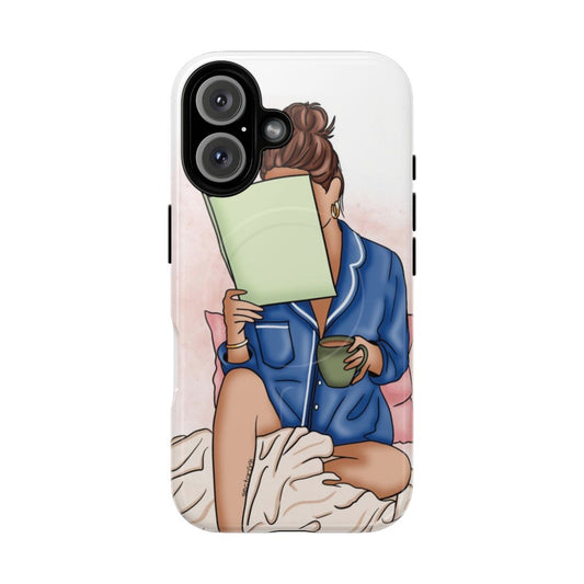 Stylish magnetic phone case with cozy bedtime reading and fashion illustration design for book lovers