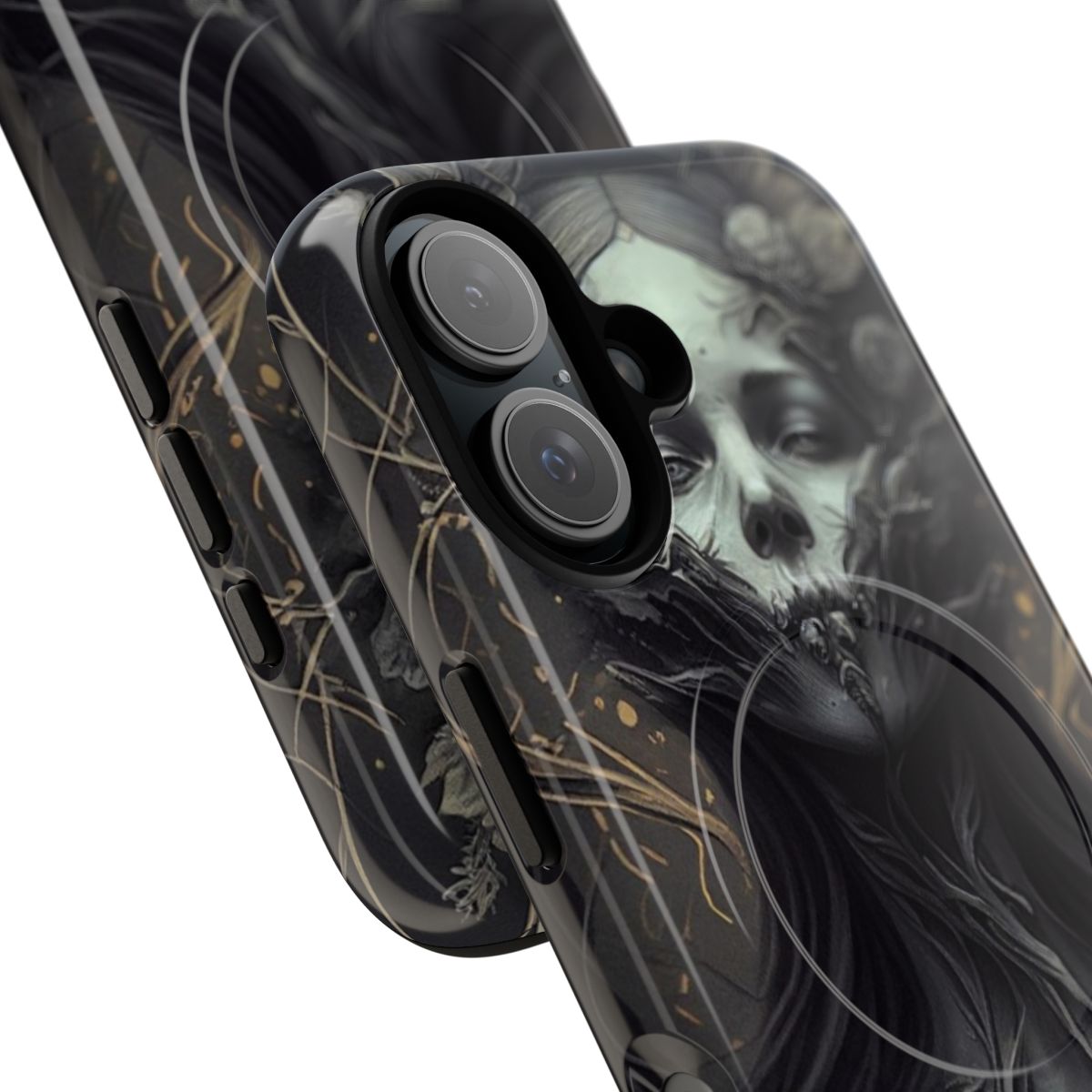 A dark, mystical witch-themed phone case with a magnetic design for Samsung or iPhone devices. - Detail