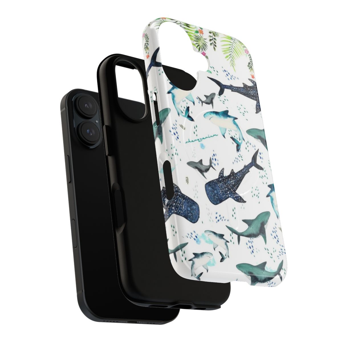 Closeup of a phone case featuring a colorful floral and shark design in an underwater scene. - Layers