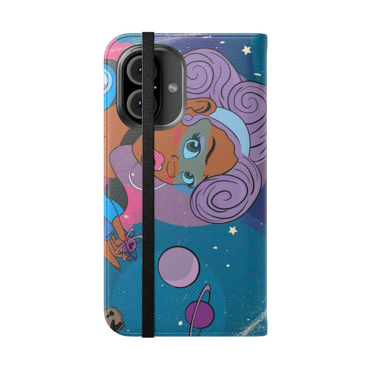 Stylish black girl galaxy-themed phone case with purple hair, moon, and astronaut design - Folded Front