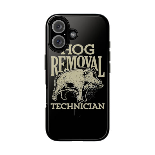 Magnetic tough phone case with vintage boar hunting and hog removal design