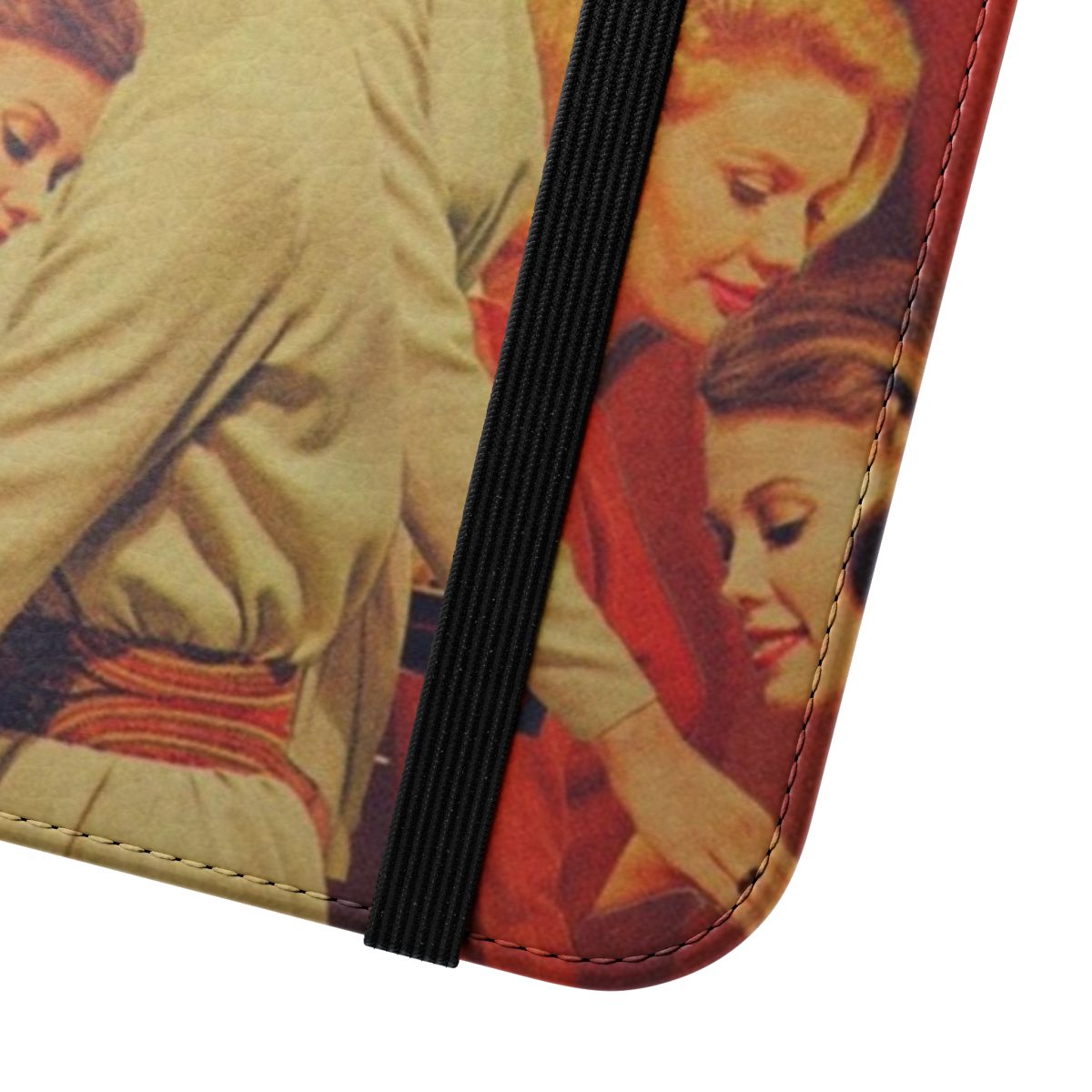 Vintage collage-style phone case in vibrant colors with a retro art design, featuring a woman's portrait. - Close Up