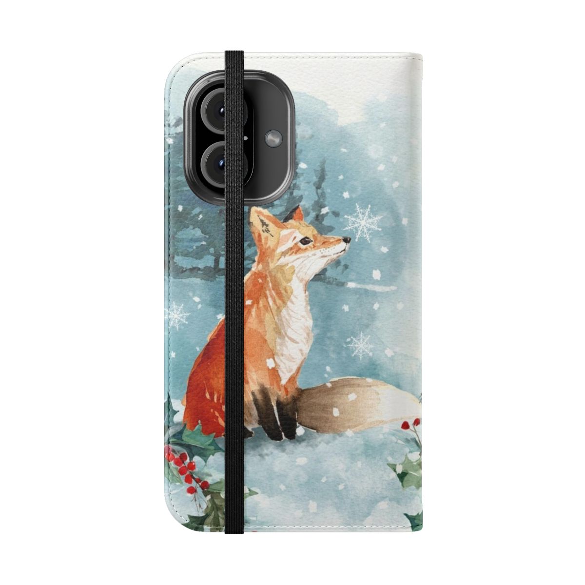 Whimsical watercolor illustration of a fox in the snowy forest, printed on a protective flip phone case. - Folded Front