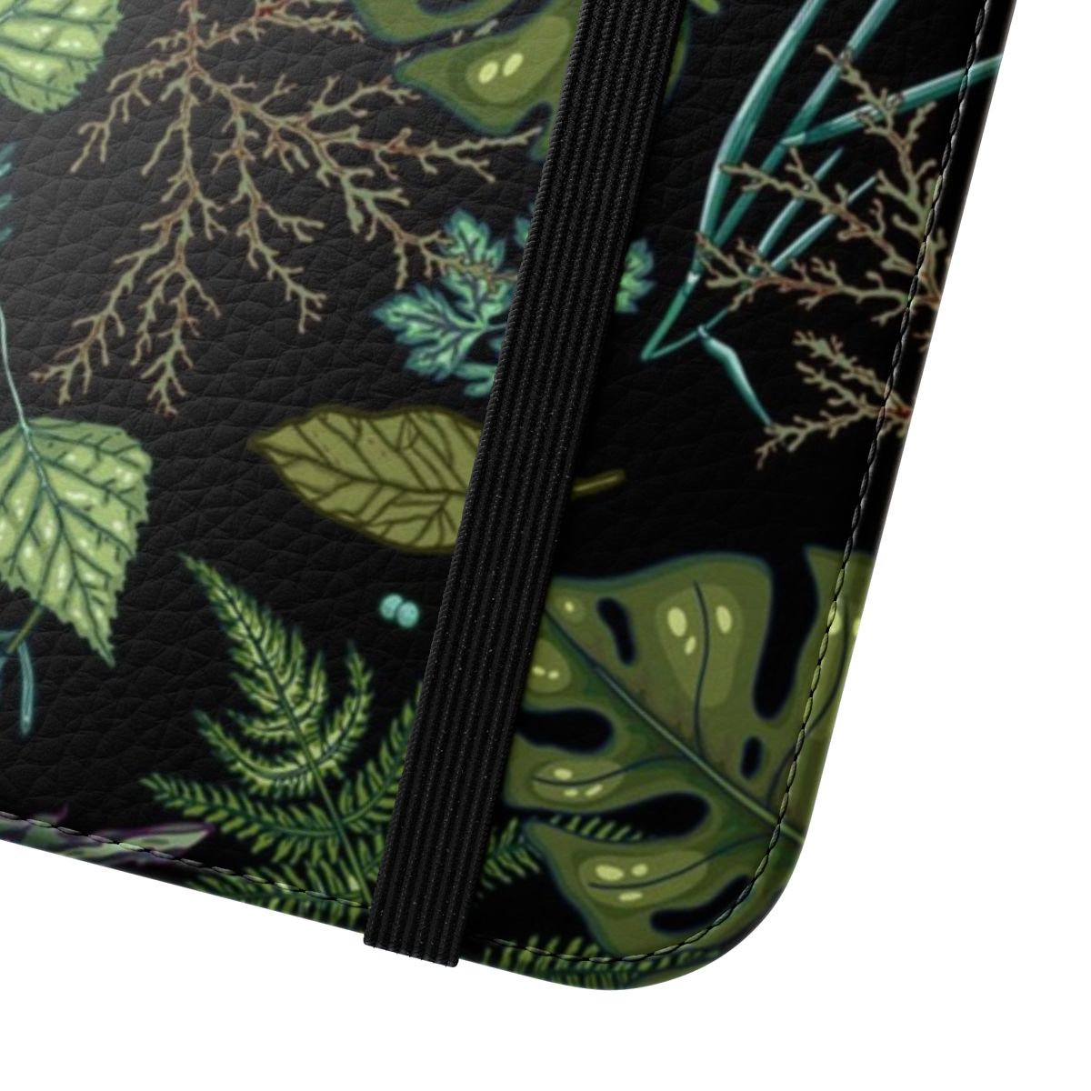 A green flip cover phone case featuring a lush, tropical jungle pattern with ferns, monstera leaves, and other botanical elements. - Close Up