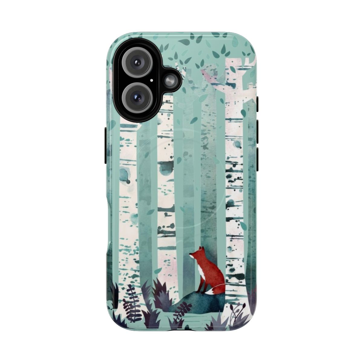 Watercolor nature design featuring birch trees in a forest on a phone case