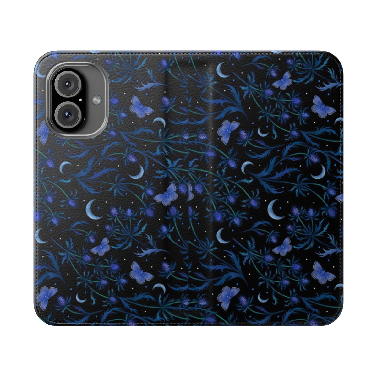 Blue thistle pattern flip phone case with moon phases and celestial elements