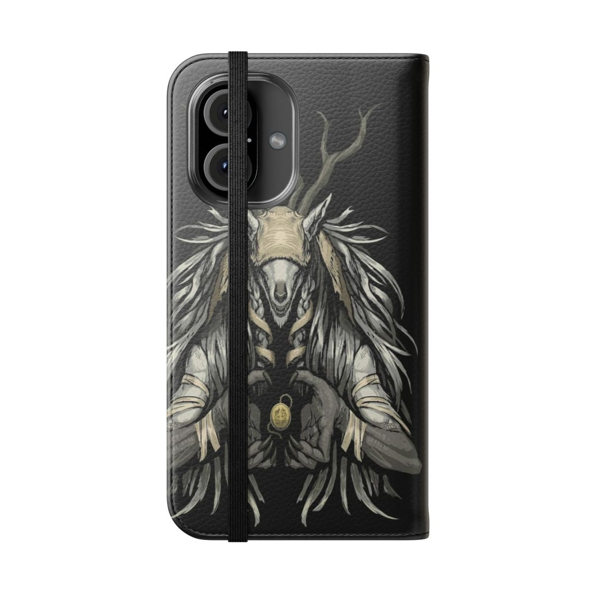 A flip cover phone case featuring a spooky, dark fantasy design inspired by the Bloodborne video game. - Folded Front