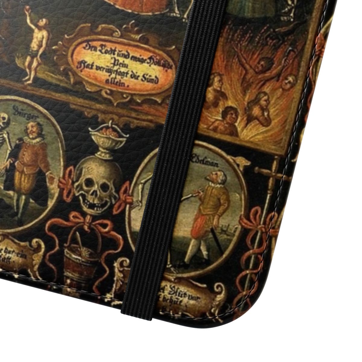 A gothic-inspired flip cover phone case featuring a danse macabre design with skulls and skeletons. - Close Up