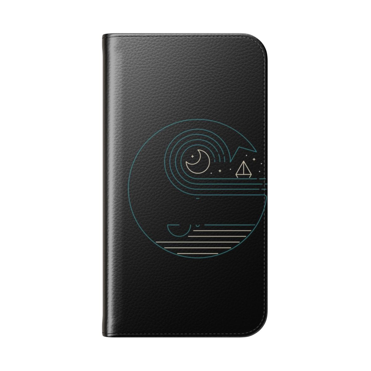 Minimalist art flip phone case with a whale, moon, and boat design - Folded Back