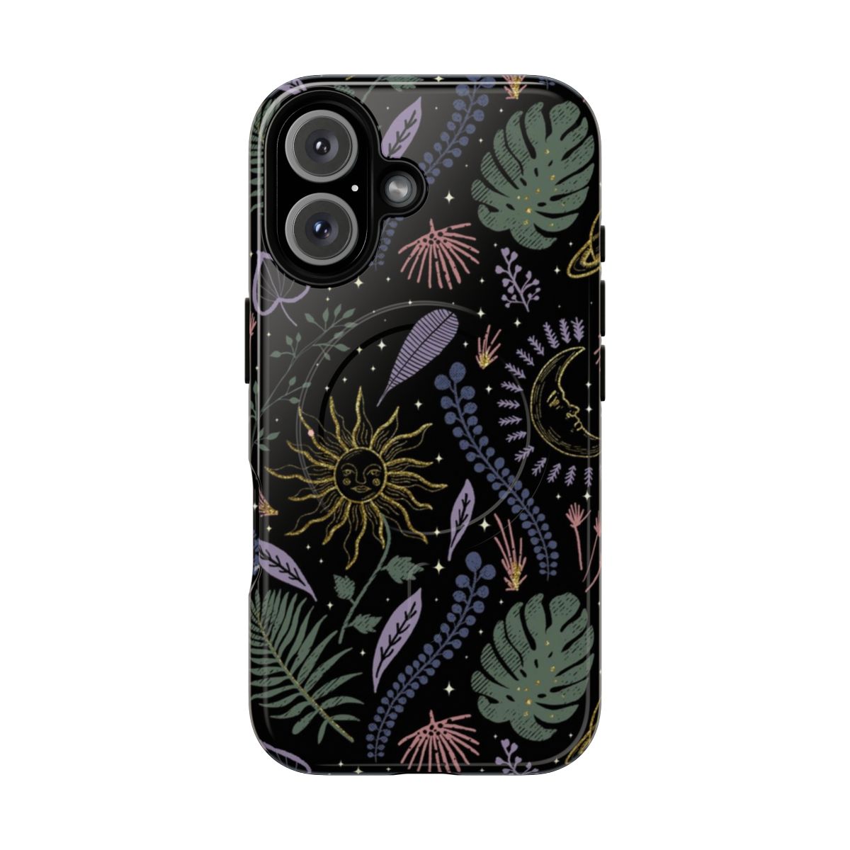 Celestial tropical phone case with a whimsical garden of stars and palms