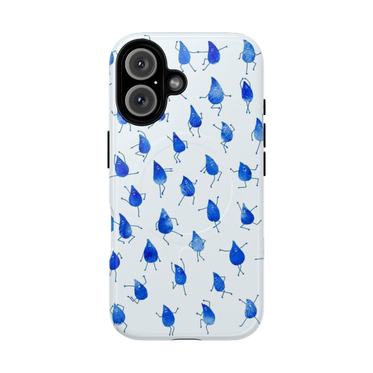 Colorful phone case with a whimsical rain dance pattern.