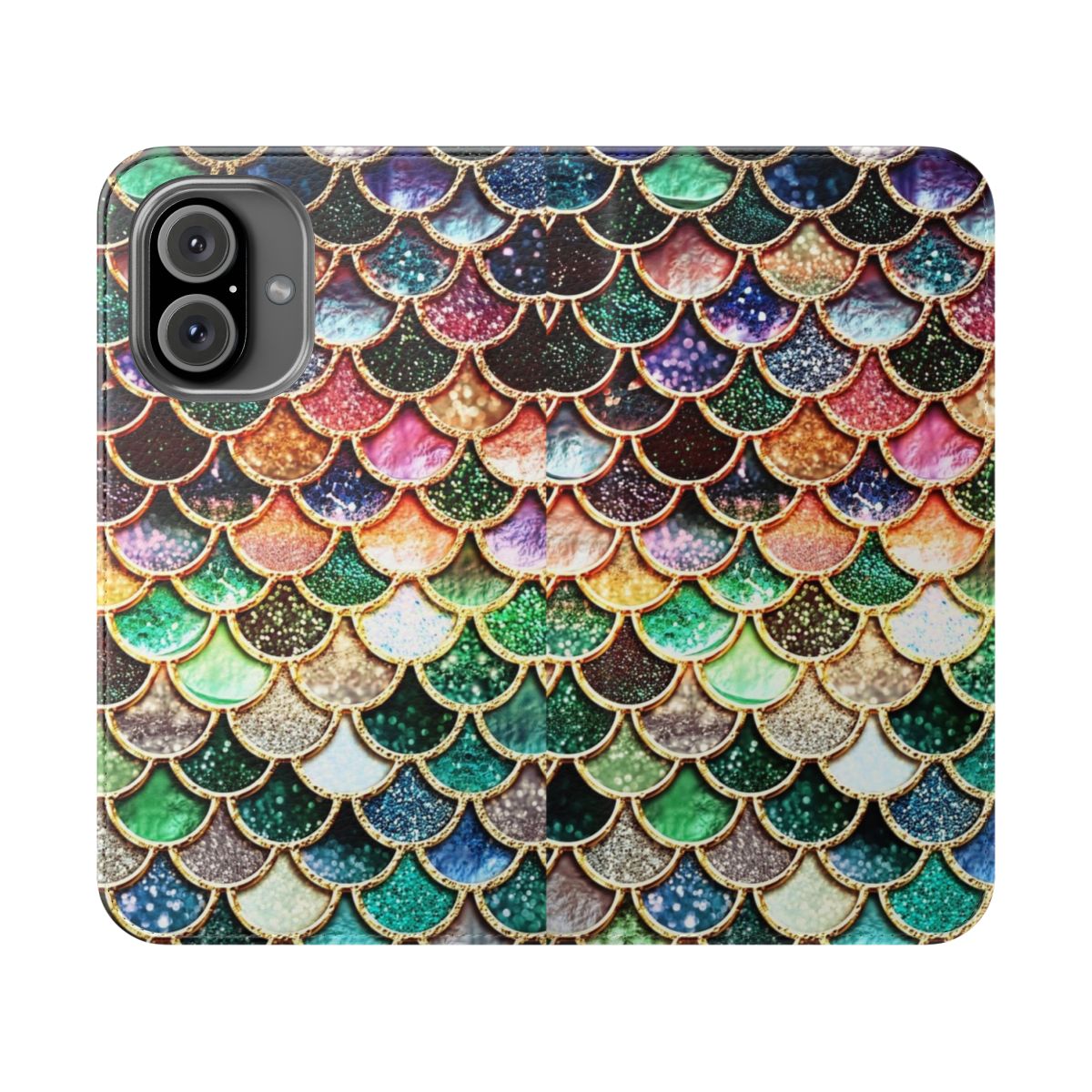 Sparkly mermaid scales phone case in gold, pink, and green colors