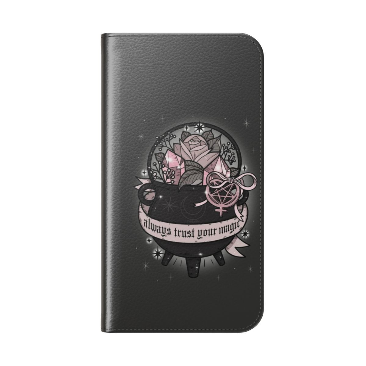 Bewitching phone case featuring a bubbling cauldron and mystic design. - Folded Back