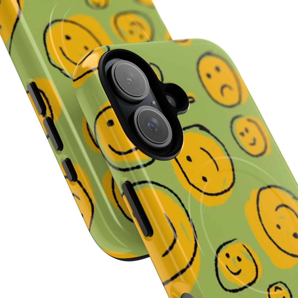 Vibrant yellow phone case with happy and sad smiley face design - Detail