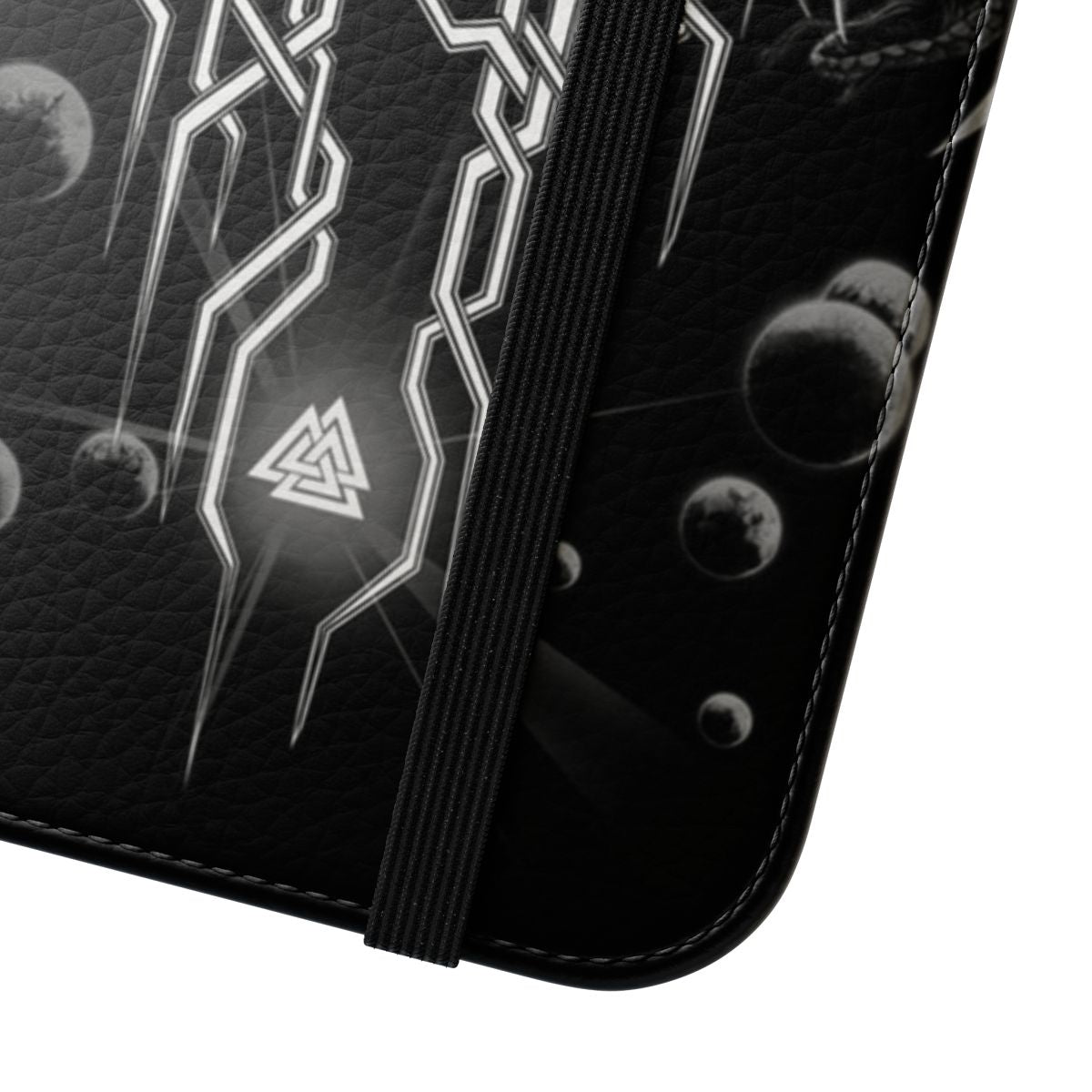 Closeup of a stylish phone case with Viking and Norse mythology inspired design. - Close Up