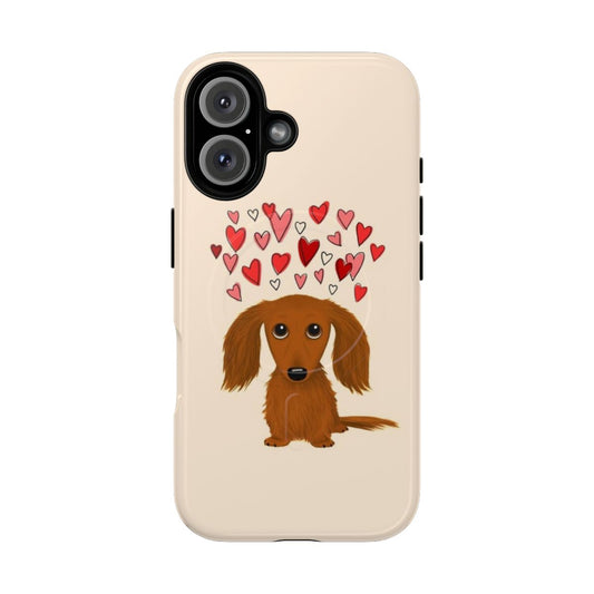 Magnetic phone case with a cute red dachshund cartoon dog design and hearts