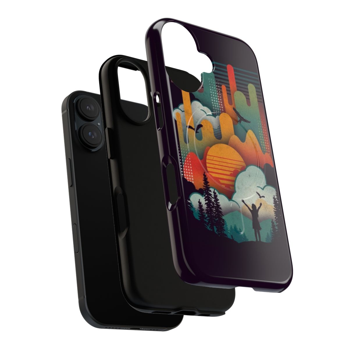 A silhouetted nature scene depicting a sunrise or sunset, showcased on a magnetic phone case. - Layers