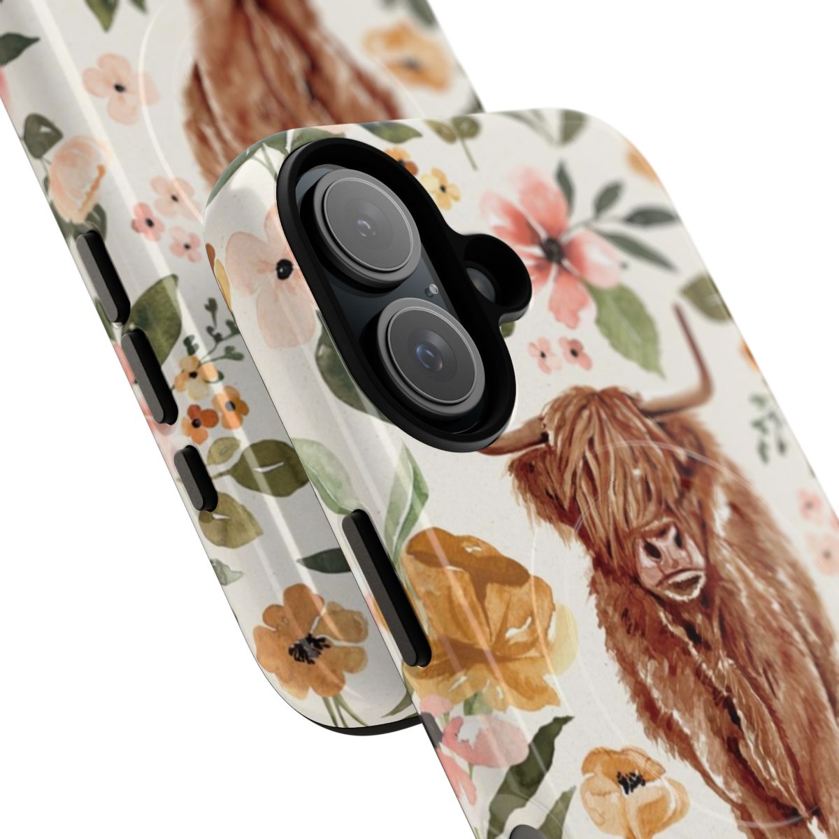 Boho floral phone case with a hand-painted watercolor highland cow design - Detail