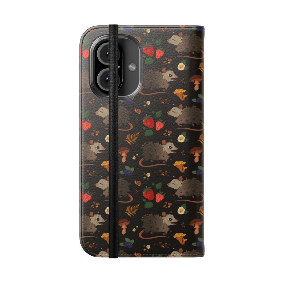 Flip phone case with a whimsical pattern featuring possums, mushrooms, and other forest creatures. - Folded Front