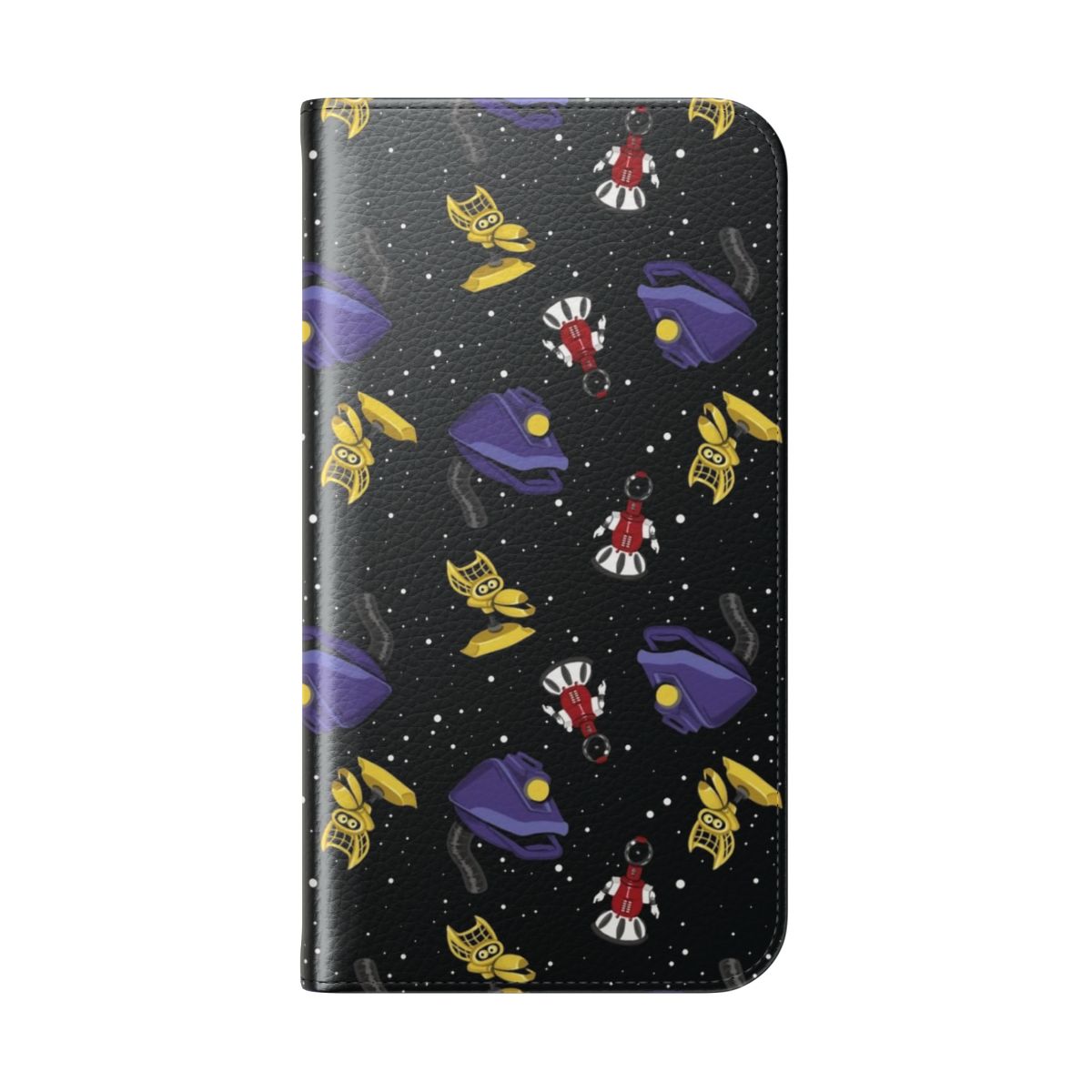 A flip cover phone case featuring characters from the popular sci-fi series "Mystery Science Theater 3000". - Folded Back