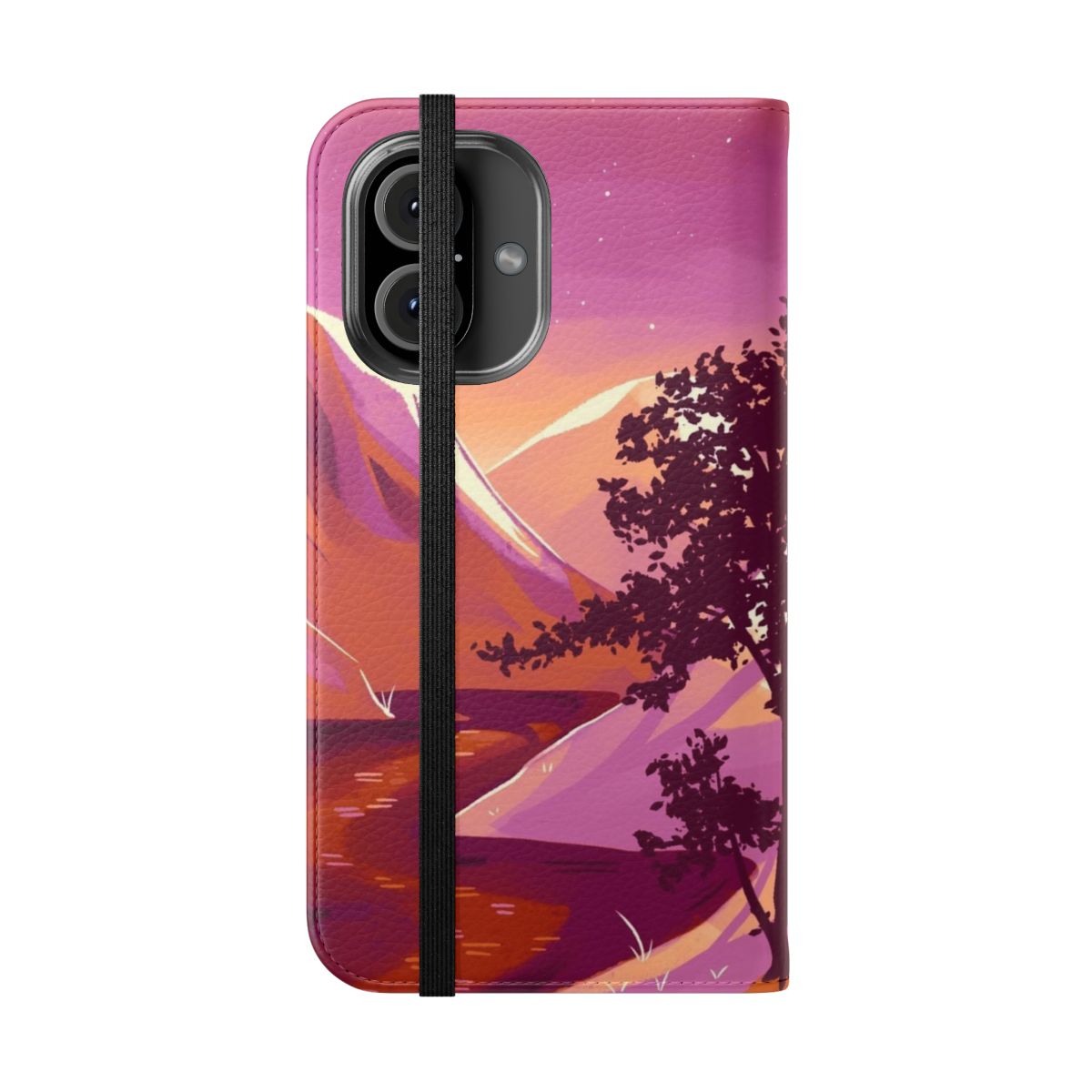 Colorful phone case cover featuring a mountain landscape and lesbian pride design. - Folded Front