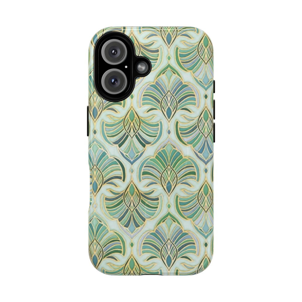 Artistic phone case featuring a vintage-inspired art deco fans design in shades of teal and mint green.