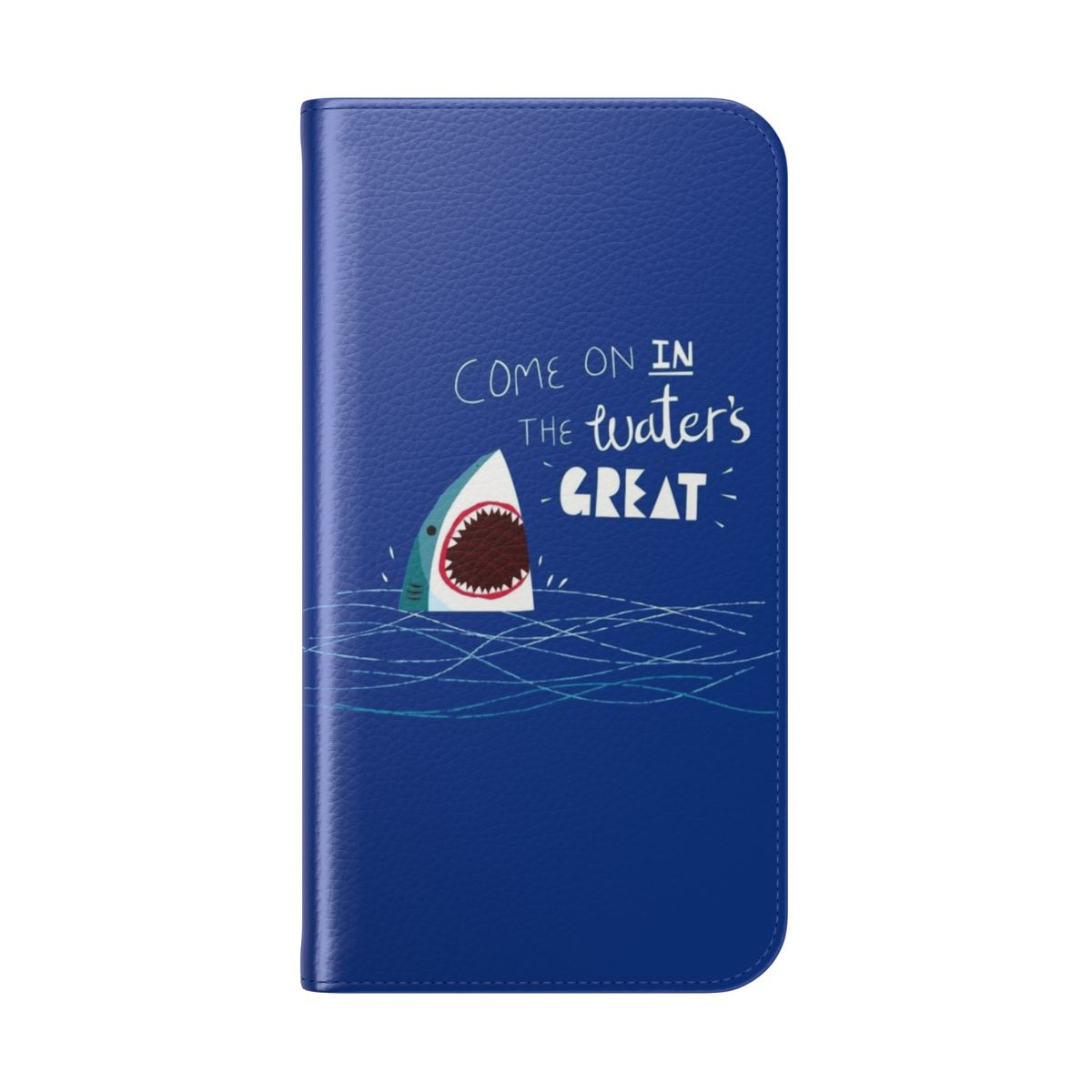 Shark-themed flip phone case with a cute and funny character design featuring waves, typography, and a great white shark. - Folded Back