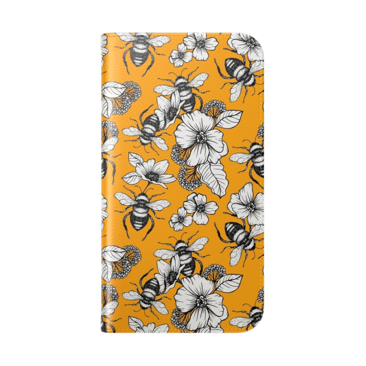 Vintage-style phone case featuring a hand-drawn seamless honey bee and floral pattern in shades of yellow and orange. - Folded Back