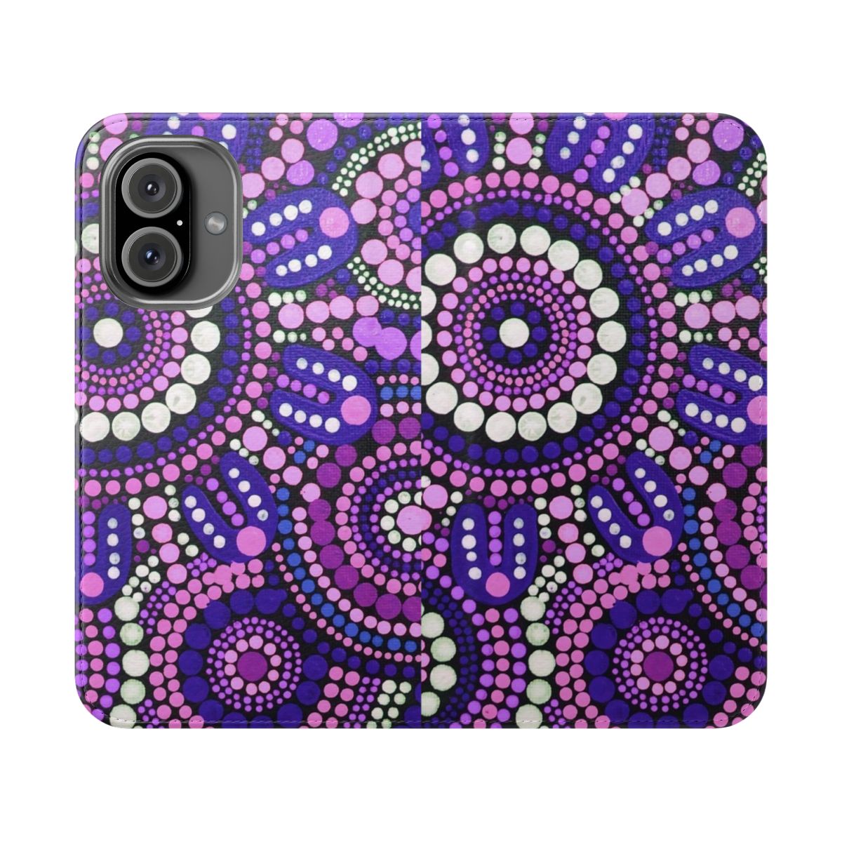 Colorful abstract phone case featuring a purple patterned design inspired by Australian aboriginal art