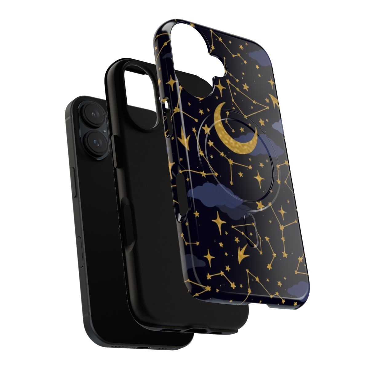 Celestial-inspired tough phone case with stars, moons, and cosmic elements in gold and dark blue - Layers