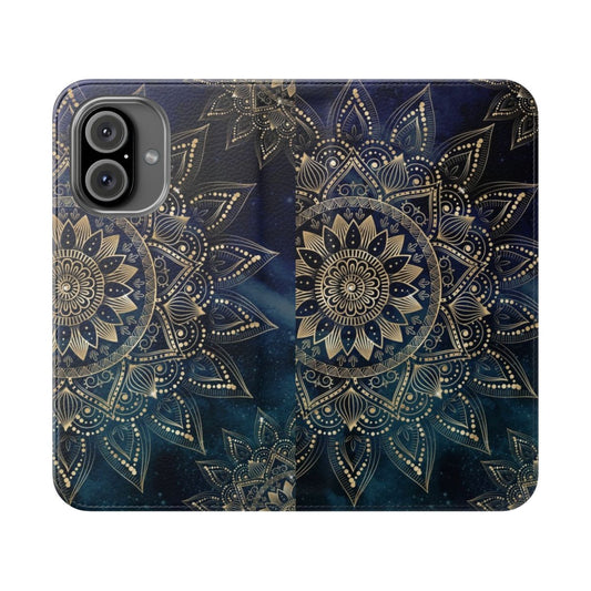 Elegant boho-style phone case featuring a blue galaxy background and a decorative gold mandala design.