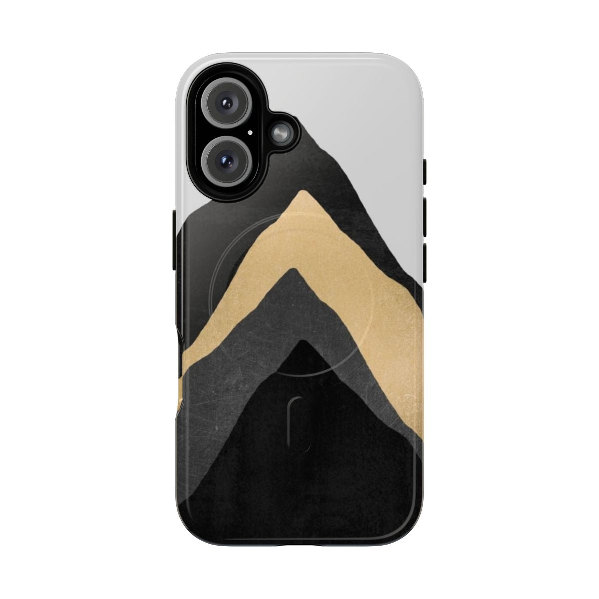 Tough phone case with a minimalist geometric mountain graphic design in gold and black.