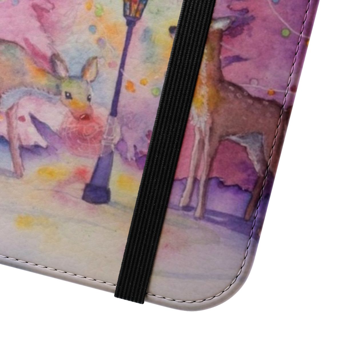 A vibrant and festive flip phone case featuring a dreamy forest scene with reindeer, lights, and snowy accents. - Close Up