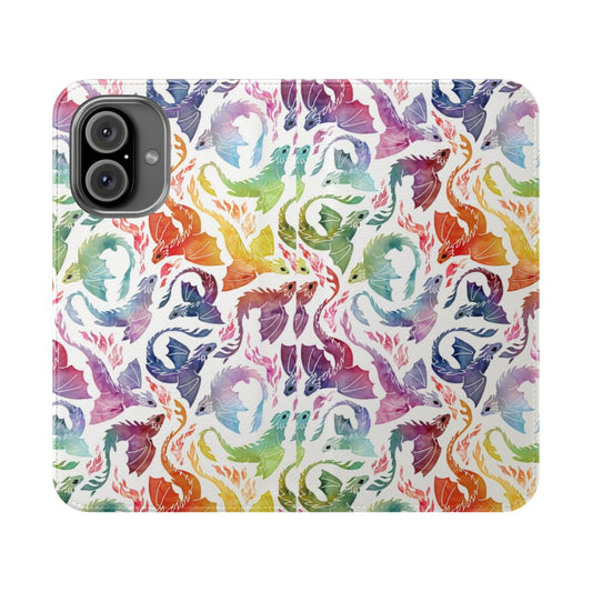 Watercolor painting of a dragon breathing fire in rainbow colors on a phone case