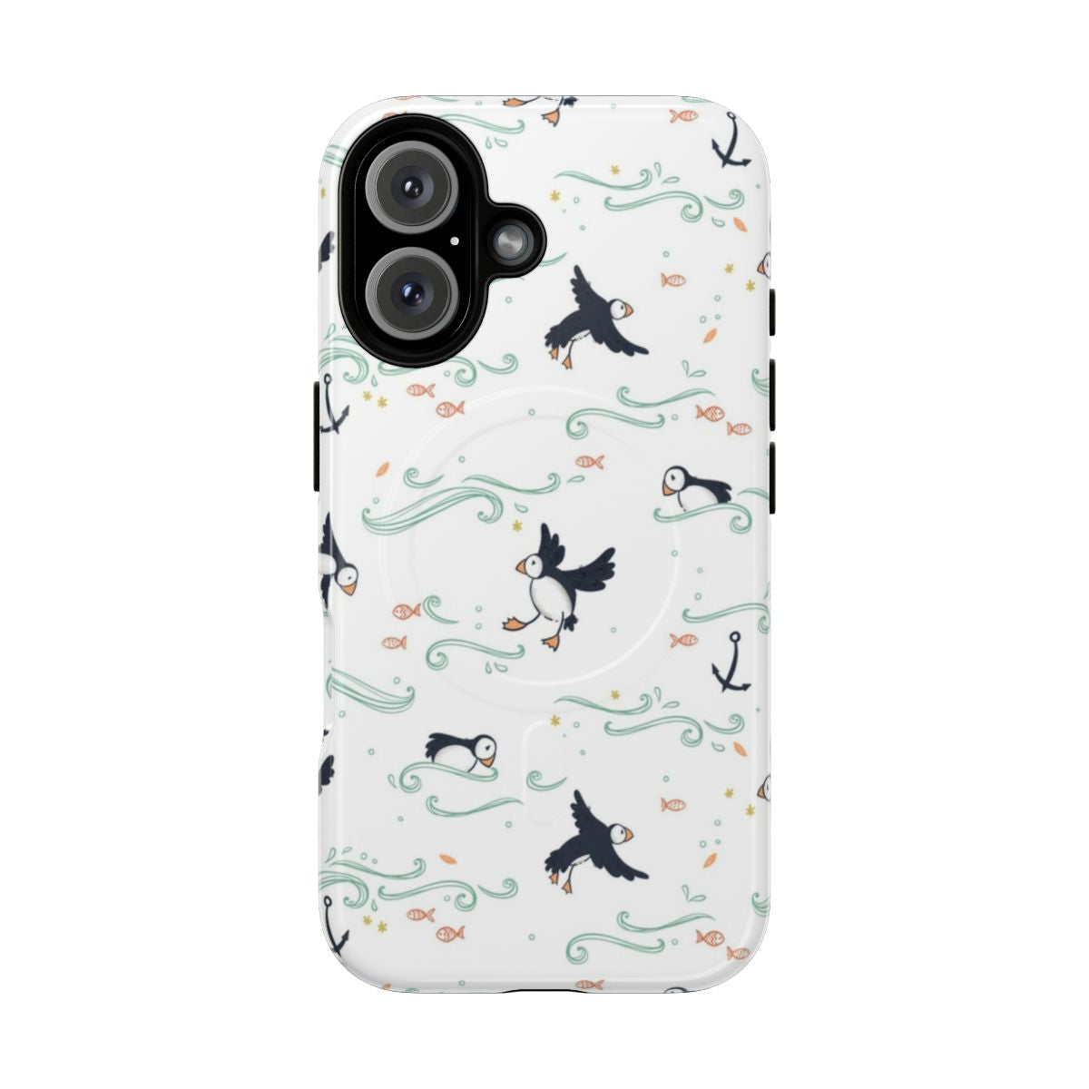 Puffin-themed magnetic tough phone case with vibrant colors and design