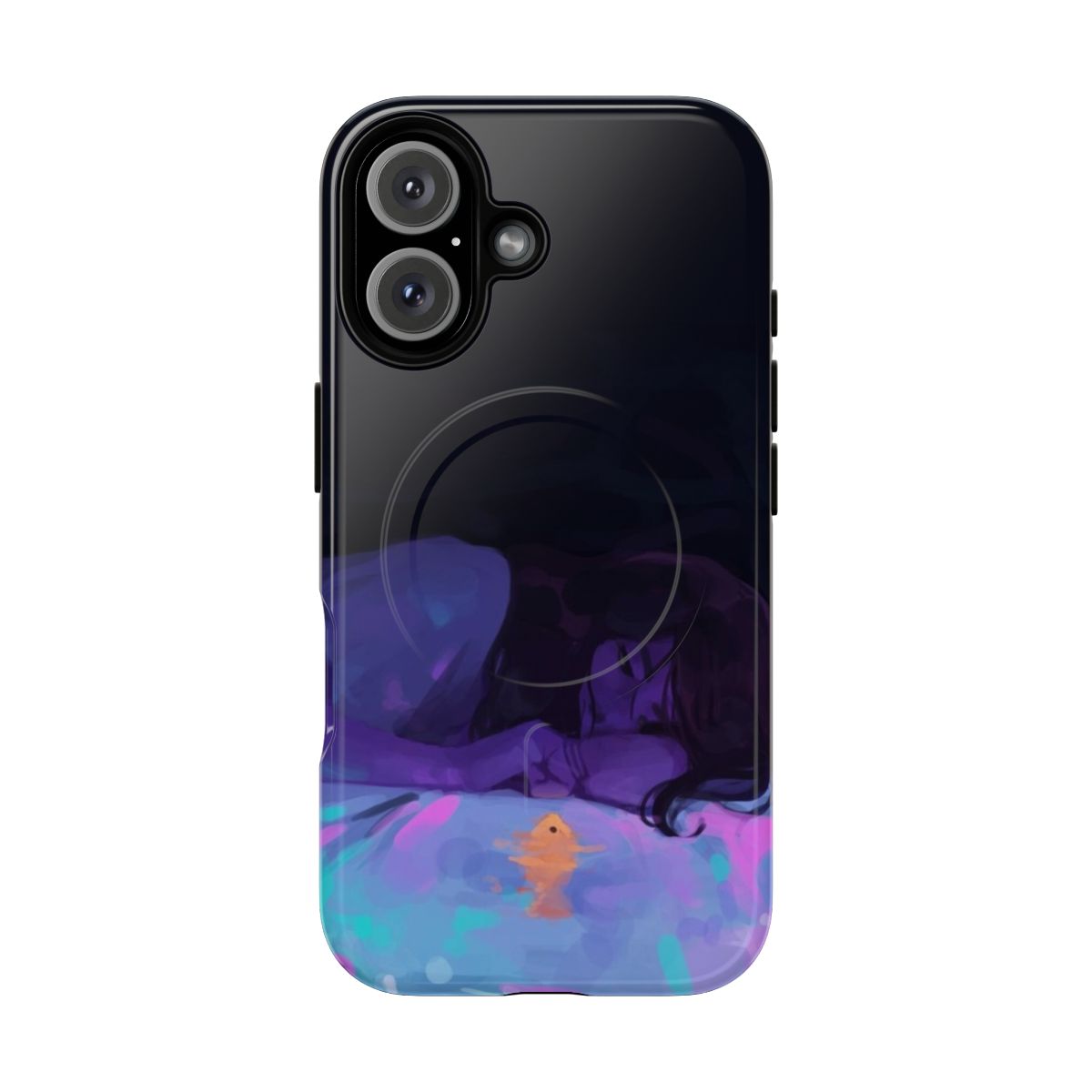 Artistic phone case with a girl and goldfish design on a waterbed-like background