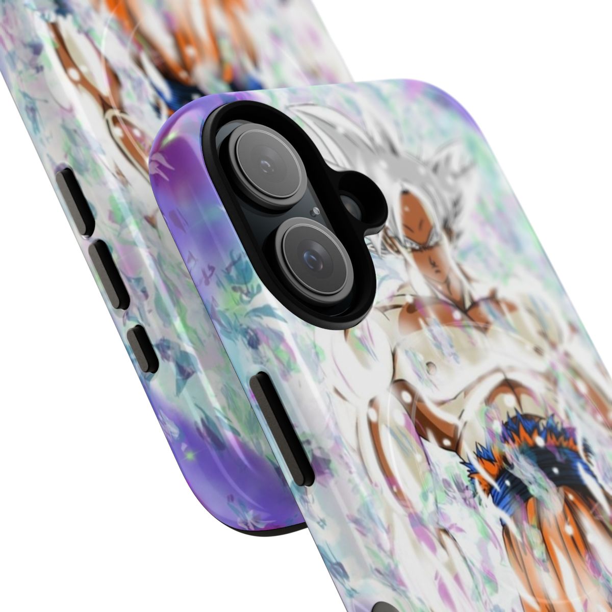 Artistic depiction of Goku in his ultra instinct form on a tough, magnetic phone case - Detail