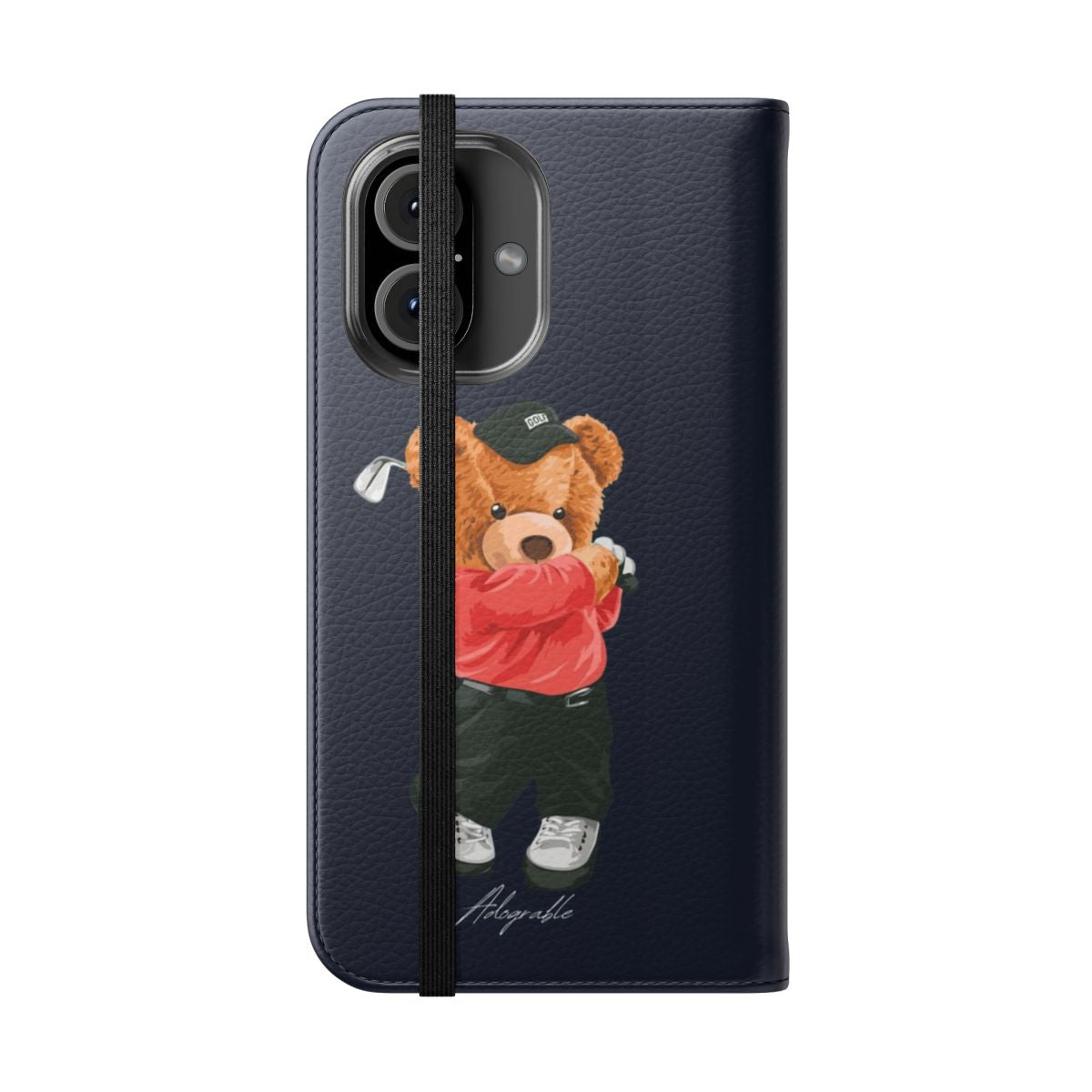 Adorable phone case featuring a cute teddy bear playing golf - Folded Front