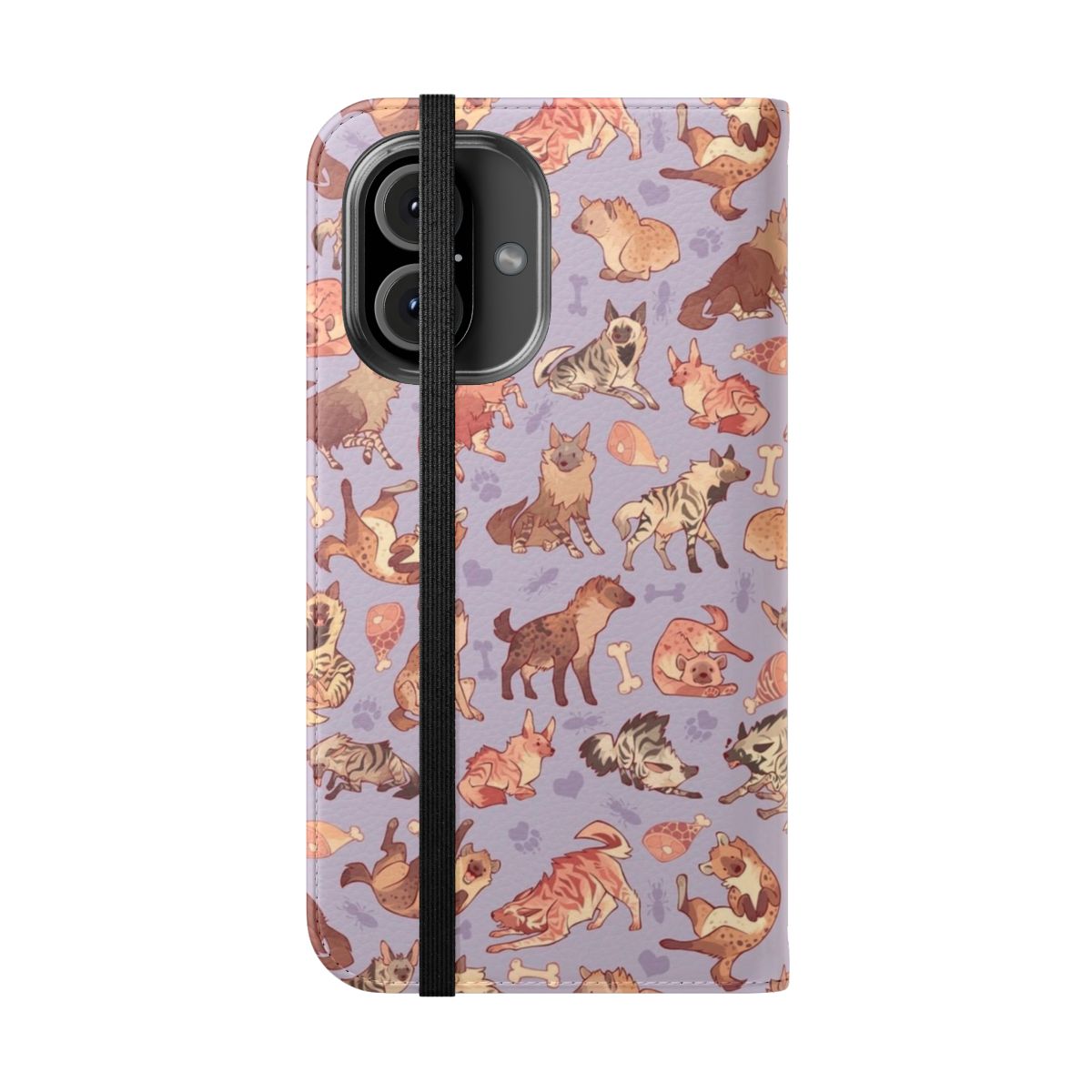 Lavender-colored flip cover phone case featuring a playful hyena design - Folded Front