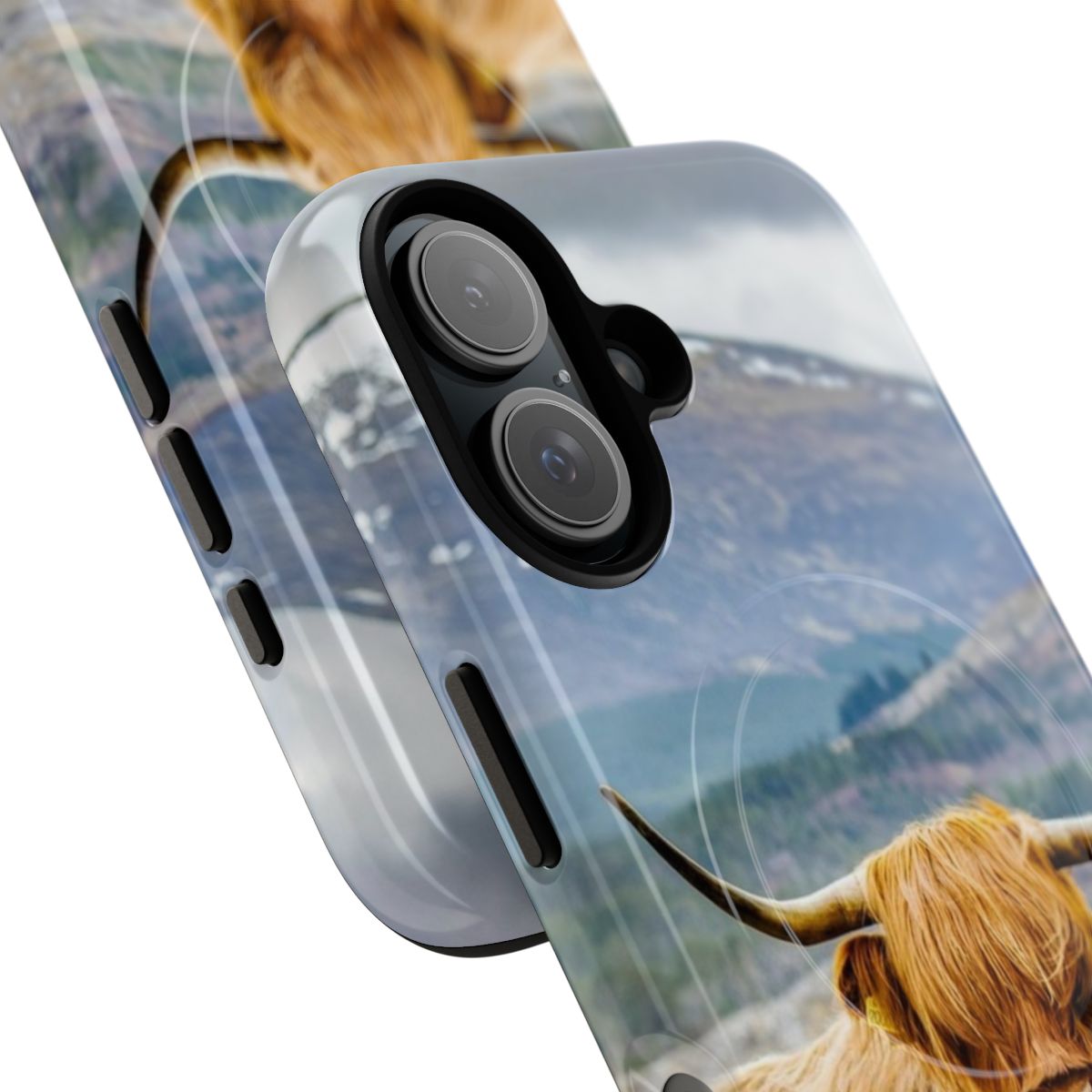 Magnetic tough phone case with a portrait of a fluffy, black and white highland cow in a natural, farm setting. - Detail