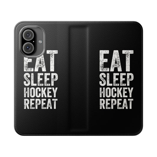 Flip phone case with the text "Eat Sleep Hockey Repeat" for hockey players, fans, and coaches.