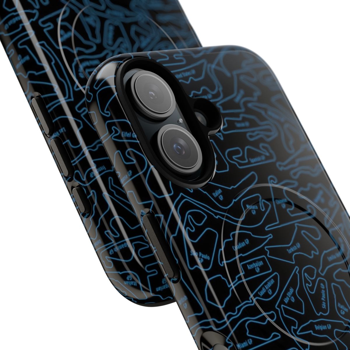 Magnetic phone case featuring a pattern of Formula 1 racing circuit silhouettes - Detail