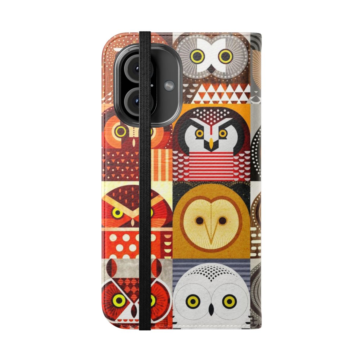 Image of a phone case featuring a digital illustration of North American owls. - Folded Front