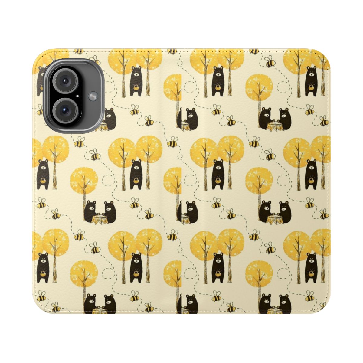 Flip cover phone case with a cute bear pattern design, surrounded by a forest scene with bees and flowers.