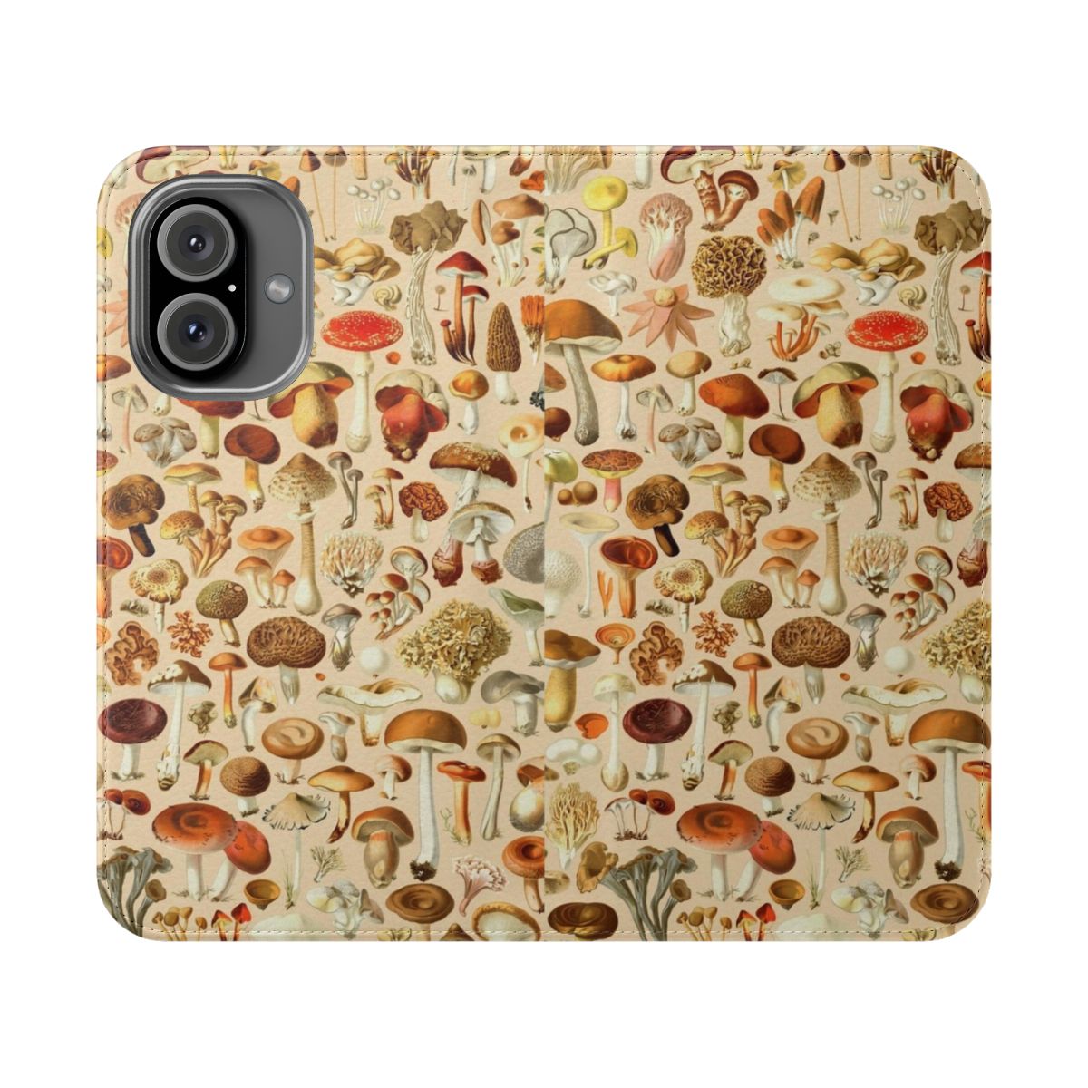 Vintage-style mushroom illustrations on a protective phone case cover